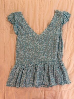 Draper James Aqua Floral V-Neck Peplum Top
